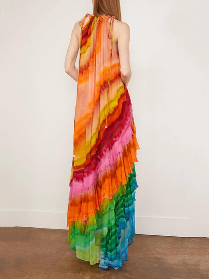 Back view of the Katrine multicolor ruffle sleeveless halter maxi dress