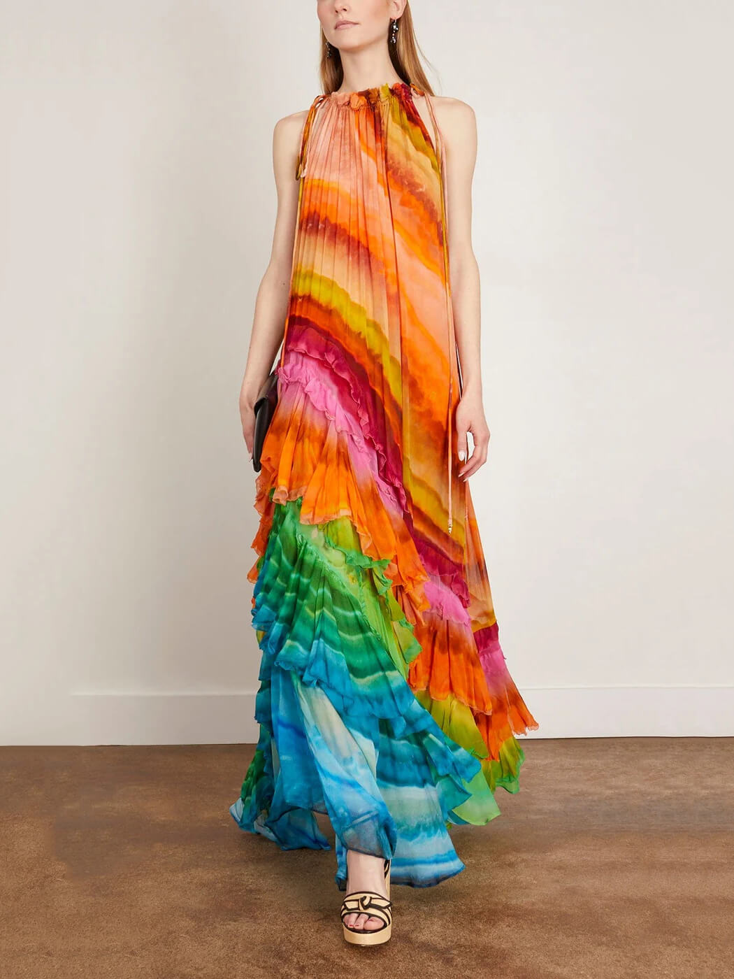 Katrine rainbow ruffle halter maxi dress shown front-on with tiered frills