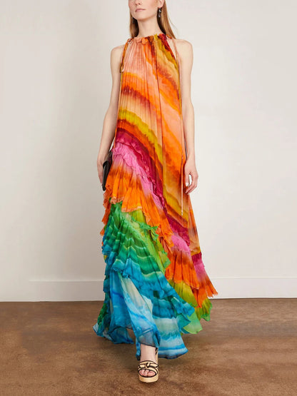 Katrine rainbow ruffle halter maxi dress shown front-on with tiered frills