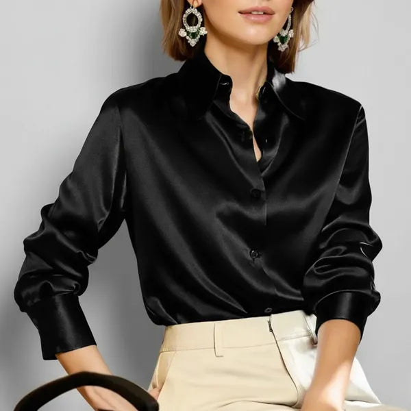 Women's Satin Long Sleeve Blouse in Black, front view with beige trousers – Marisol