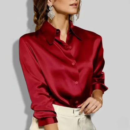 Women's Satin Long Sleeve Blouse in Red, front view with cream trousers – Marisol