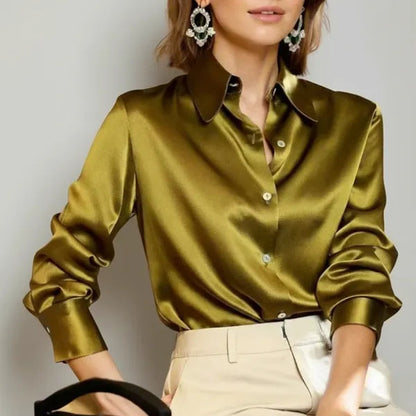 Women's Satin Long Sleeve Blouse in golden Yellow, front view on model – Marisol