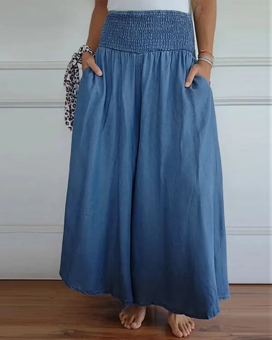 Coleen Women's Shirred Waist Wide-Leg Pants in blue, front view with hands in pockets