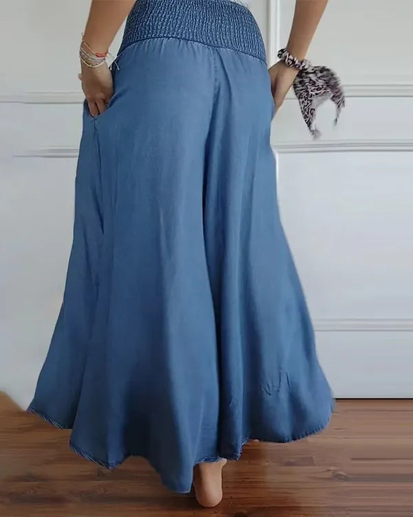 Coleen Women's Shirred Waist Wide-Leg Pants in blue, back view showing flowing wide legs