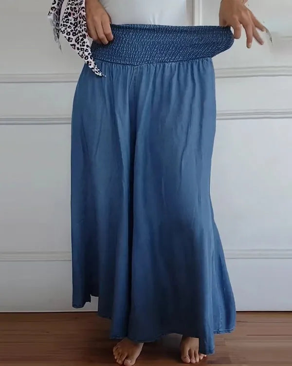 Coleen Women's Shirred Waist Wide-Leg Pants in blue, close-up of stretchy shirred waistband