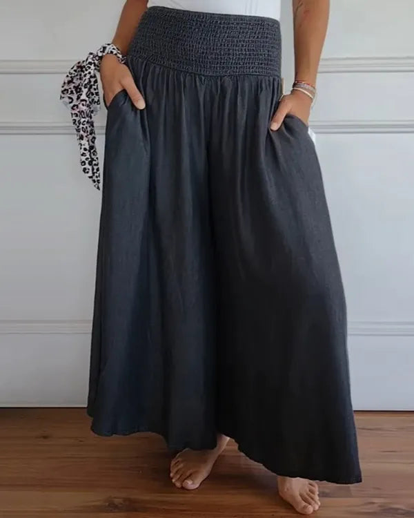 Coleen Women's Shirred Waist Wide-Leg Pants in gray, front view with side pockets