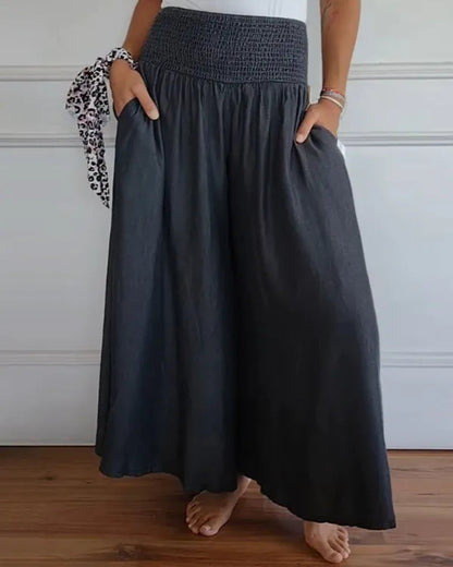 Coleen Women's Shirred Waist Wide-Leg Pants in gray, front view with side pockets