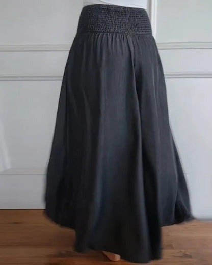Coleen Women's Shirred Waist Wide-Leg Pants in gray, back view of shirred waist and hem