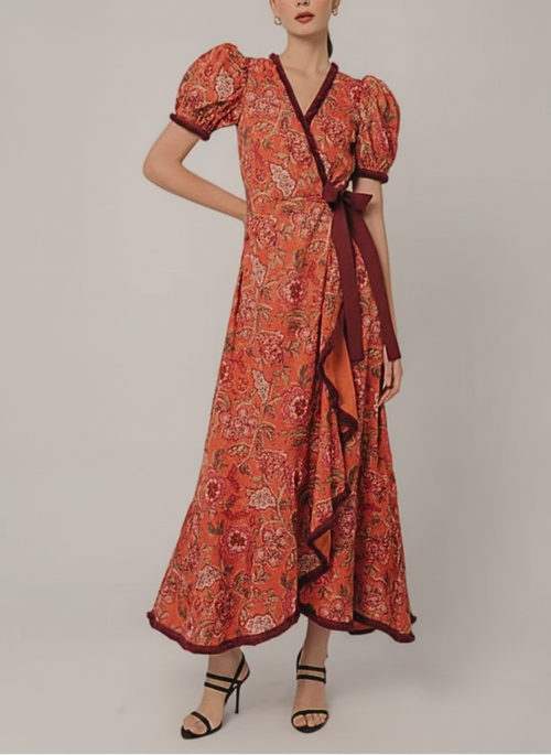 Nellie women's short puff sleeve wrap midi dress in pink floral print, front view