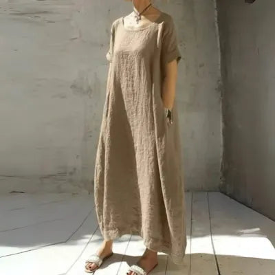 Gilda short sleeve caftan maxi dress in khaki linen, front view on model