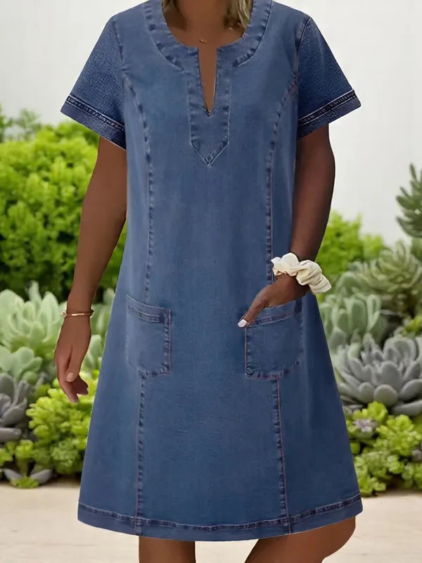 Blue Short Sleeve Denim Mini Shift Dress front view with split neck and patch pockets