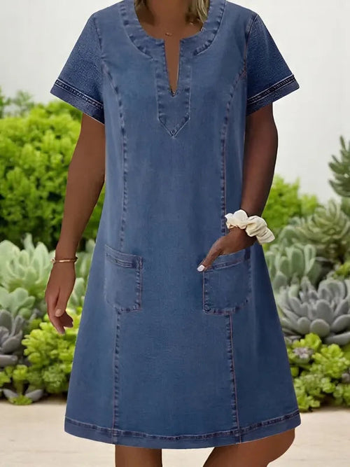 Blue Short Sleeve Denim Mini Shift Dress front view with split neck and patch pockets