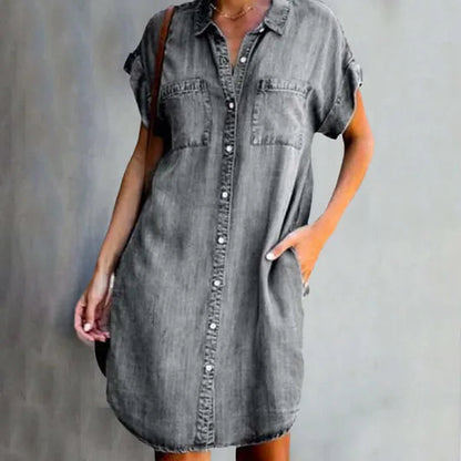 Gray Short Sleeve Denim Shirt Dress front view with washed grey denim and pockets