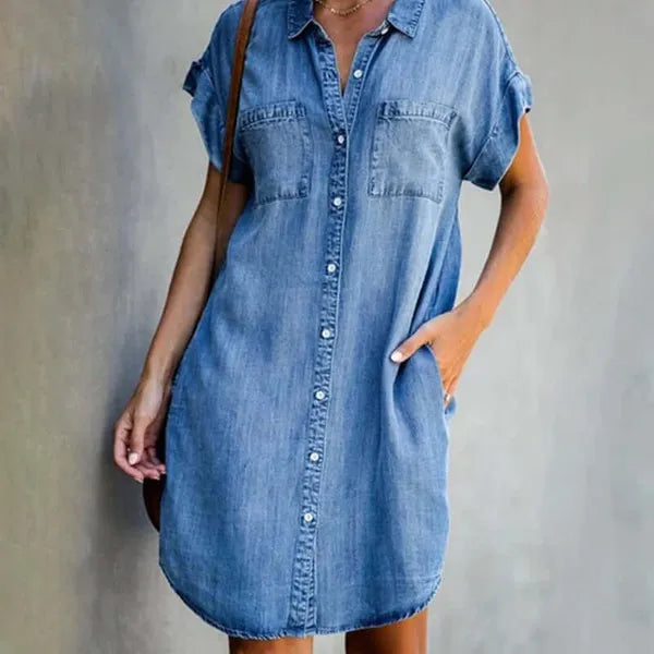Light Blue Short Sleeve Denim Shirt Dress front view with chest pockets and buttons