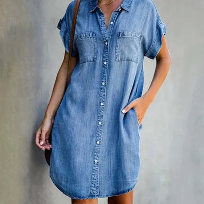 Light Blue Short Sleeve Denim Shirt Dress front view with chest pockets and buttons