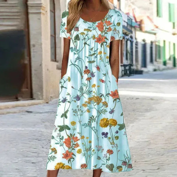 Florina short sleeve floral maxi dress in light blue, front-facing shot