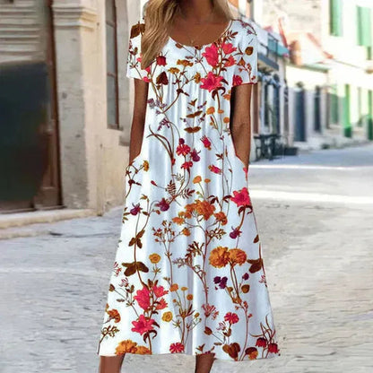 Florina short sleeve floral maxi dress in red print, front view on model