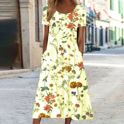 Florina floral maxi dress in yellow with short sleeves, front view