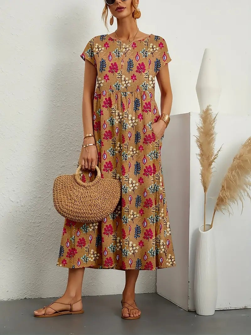 Anastazja women's short sleeve midi dress in khaki floral print, full front view