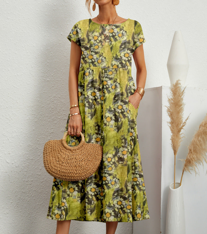 Anastazja women's short sleeve midi dress in yellow floral print, front view on model