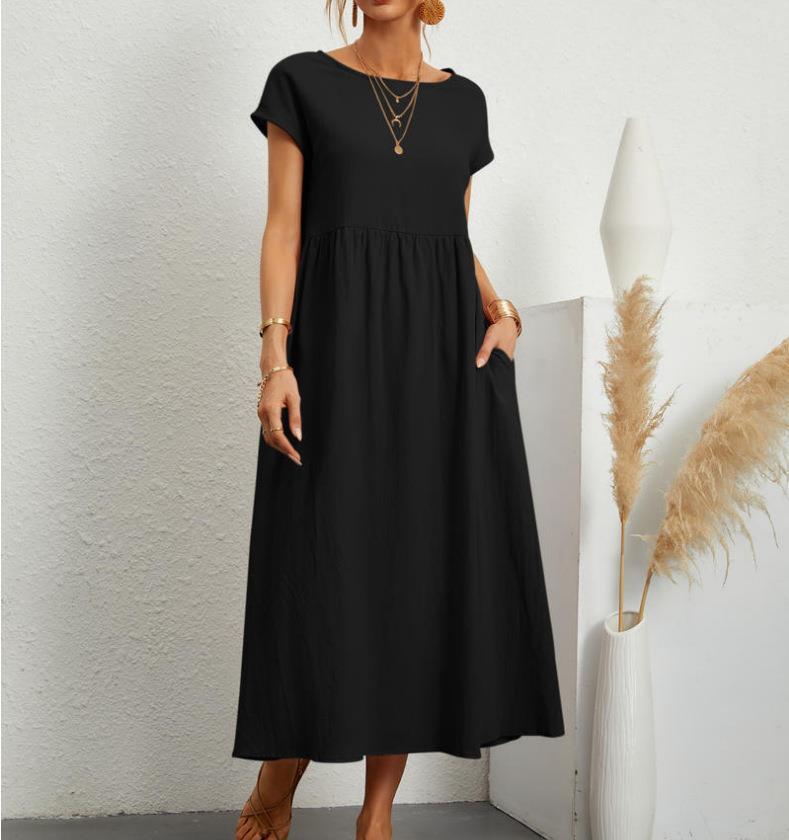 Esmeralda women's short sleeve midi dress in black, front view on model
