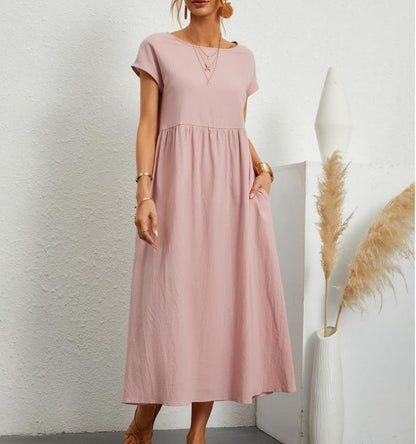 Esmeralda women's short sleeve midi dress in pink, front view on model