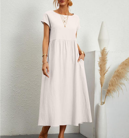 Esmeralda women's short sleeve midi dress in white, front view on model