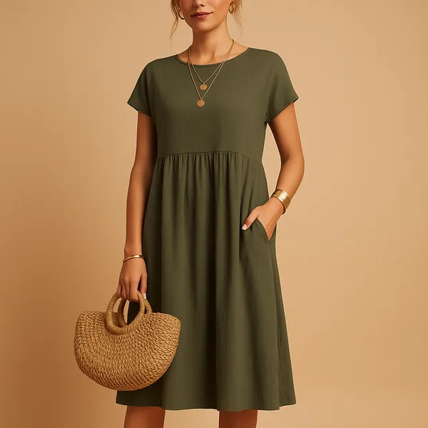Army Green Short Sleeve Babydoll Dress front view with olive tone and side pocket