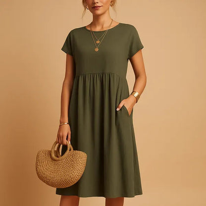 Army Green Short Sleeve Babydoll Dress front view with olive tone and side pocket