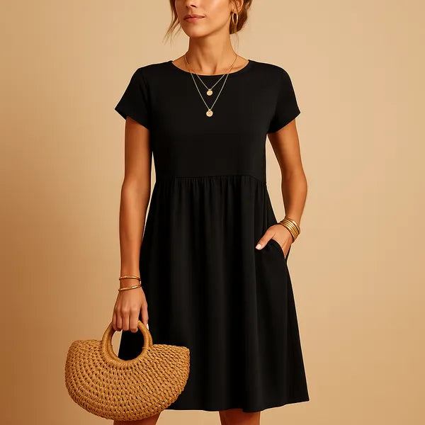 Black Short Sleeve Babydoll Dress front view with crew neck and gathered skirt