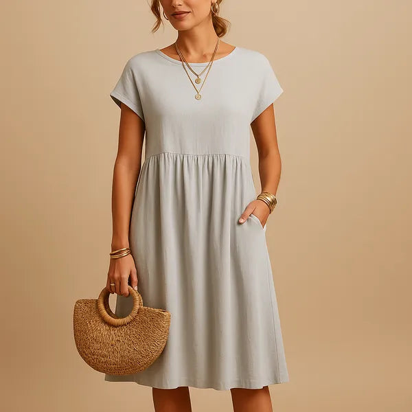 Light Gray Short Sleeve Babydoll Dress front view with soft drape and pockets