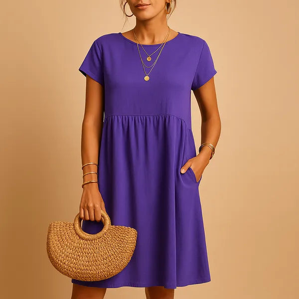 Purple Short Sleeve Babydoll Dress front view with relaxed A-line skirt
