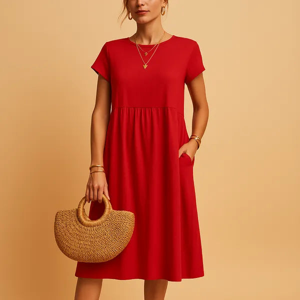 Red Short Sleeve Babydoll Dress front view showing flared skirt and crew neck