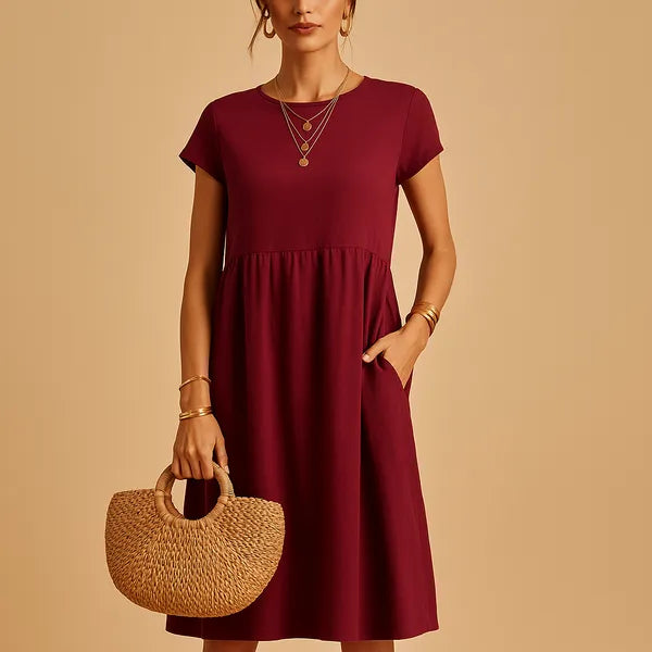 Wine Red Short Sleeve Babydoll Dress front view with gathered empire waistline