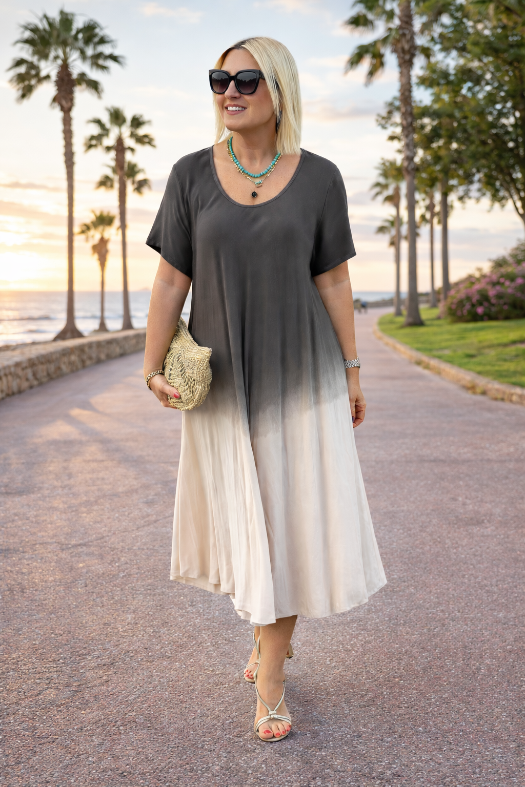 Elonia women's short sleeve midi dress in gray ombre, front view on model outdoors