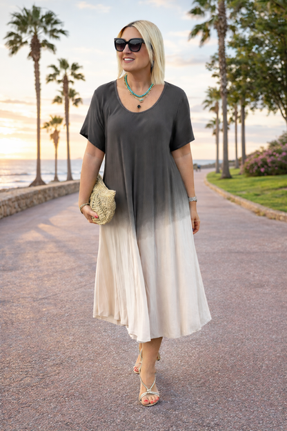 Elonia women's short sleeve midi dress in gray ombre, front view on model outdoors