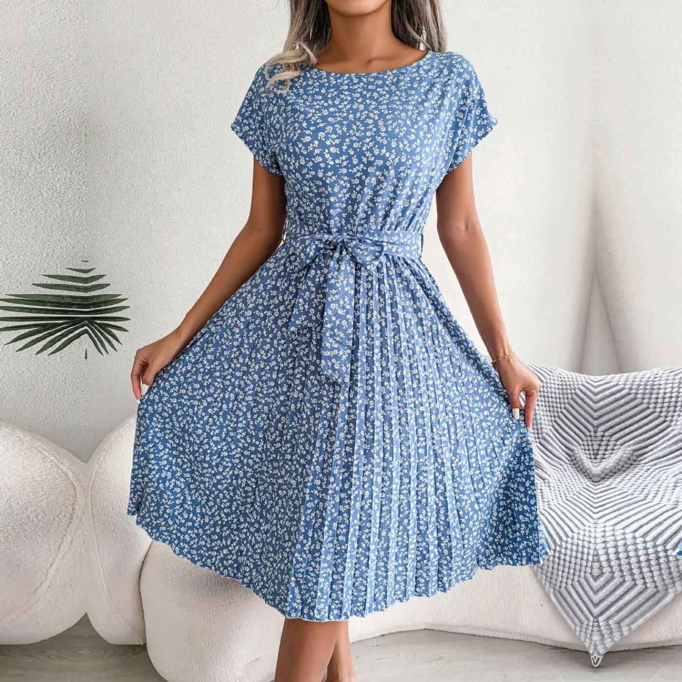 Jacinta women's short sleeve midi dress in blue ditsy floral print, front view