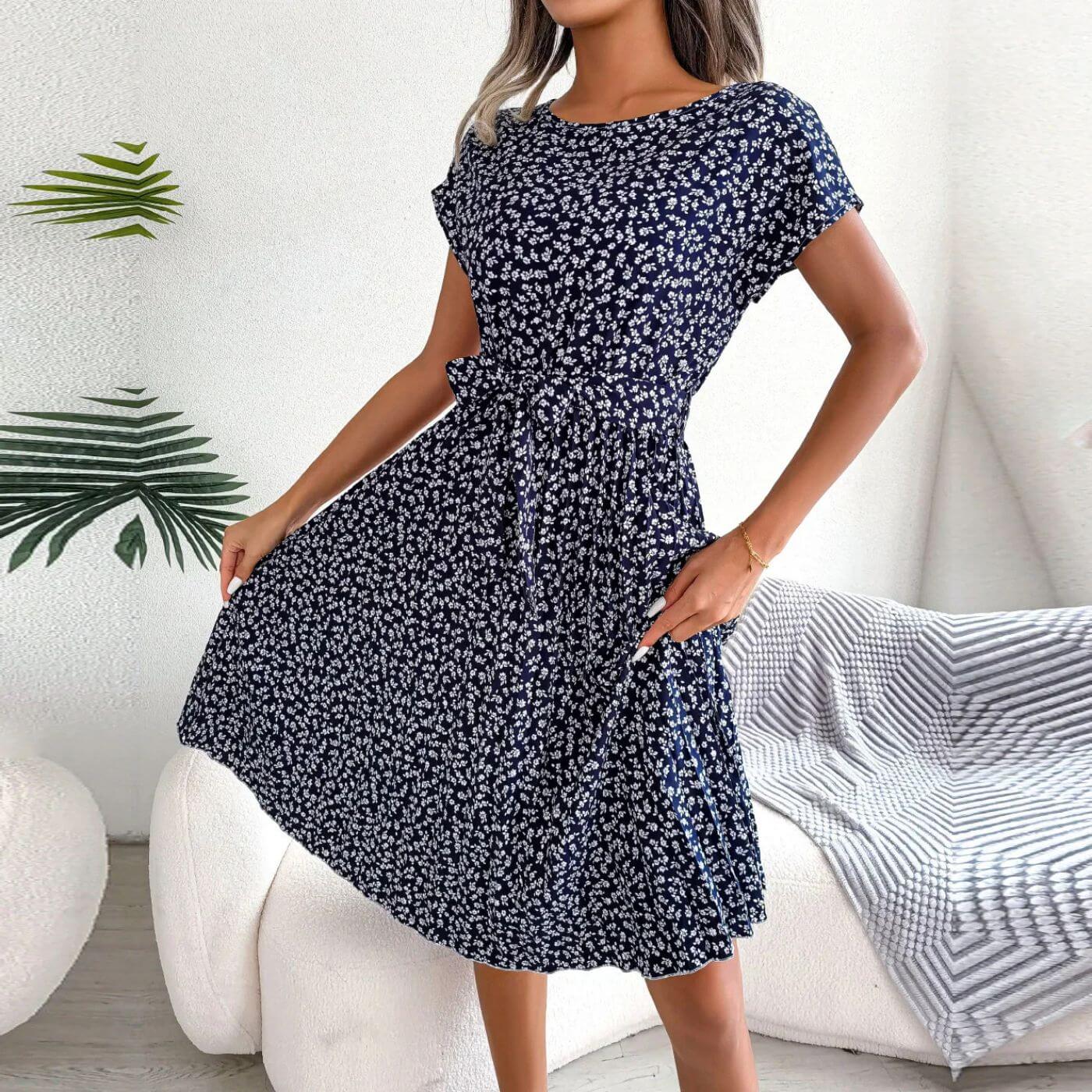 Jacinta women's short sleeve midi dress in dark blue ditsy floral, front view