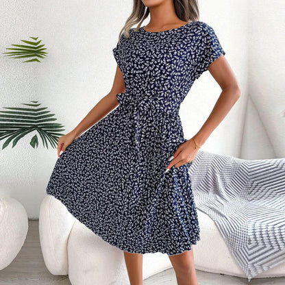 Jacinta women's short sleeve midi dress in dark blue ditsy floral, front view