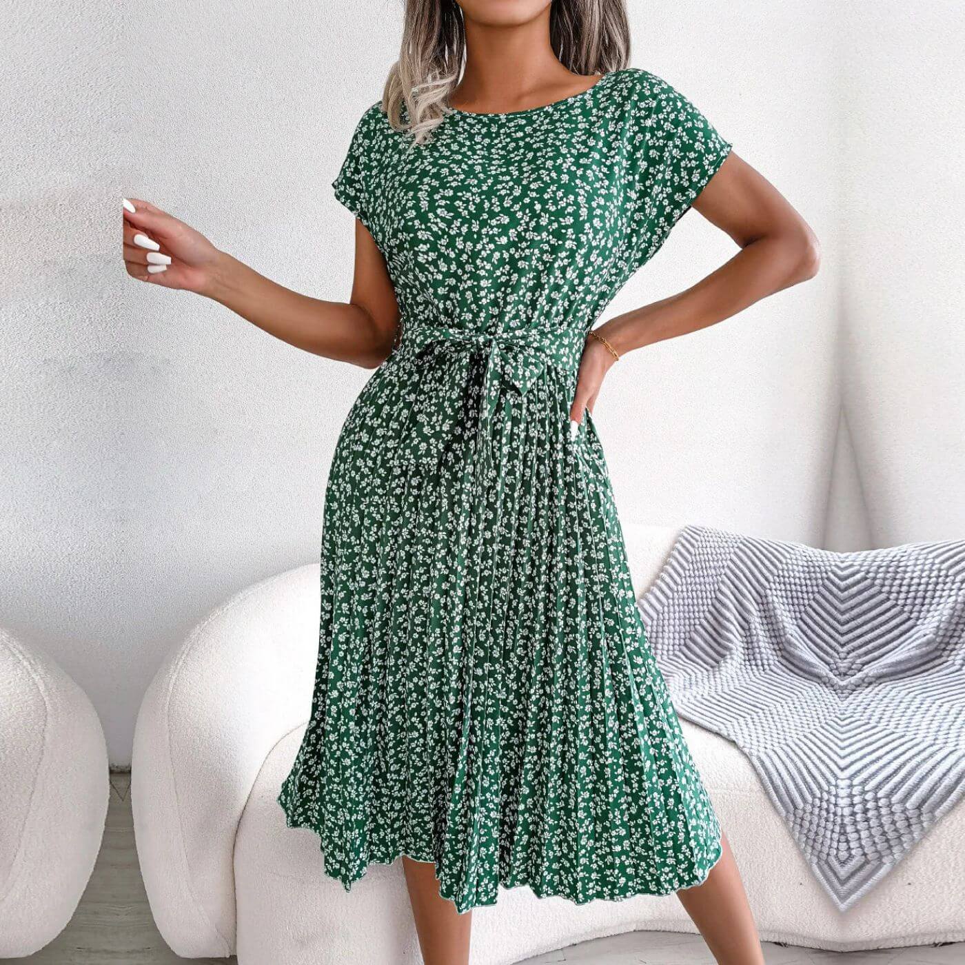 Jacinta women's short sleeve midi dress in green ditsy floral print, front view