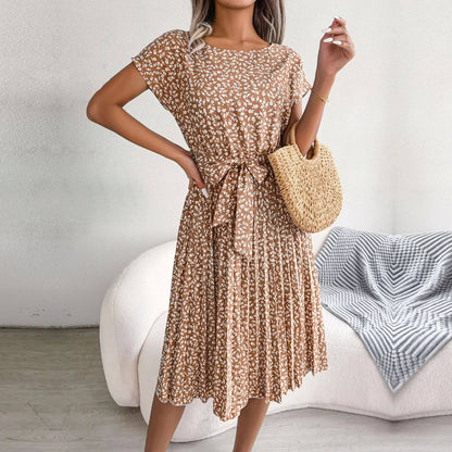 Jacinta women's short sleeve midi dress in light brown ditsy print, front view