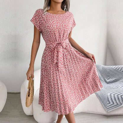 Jacinta women's short sleeve midi dress in pink ditsy floral print, front view