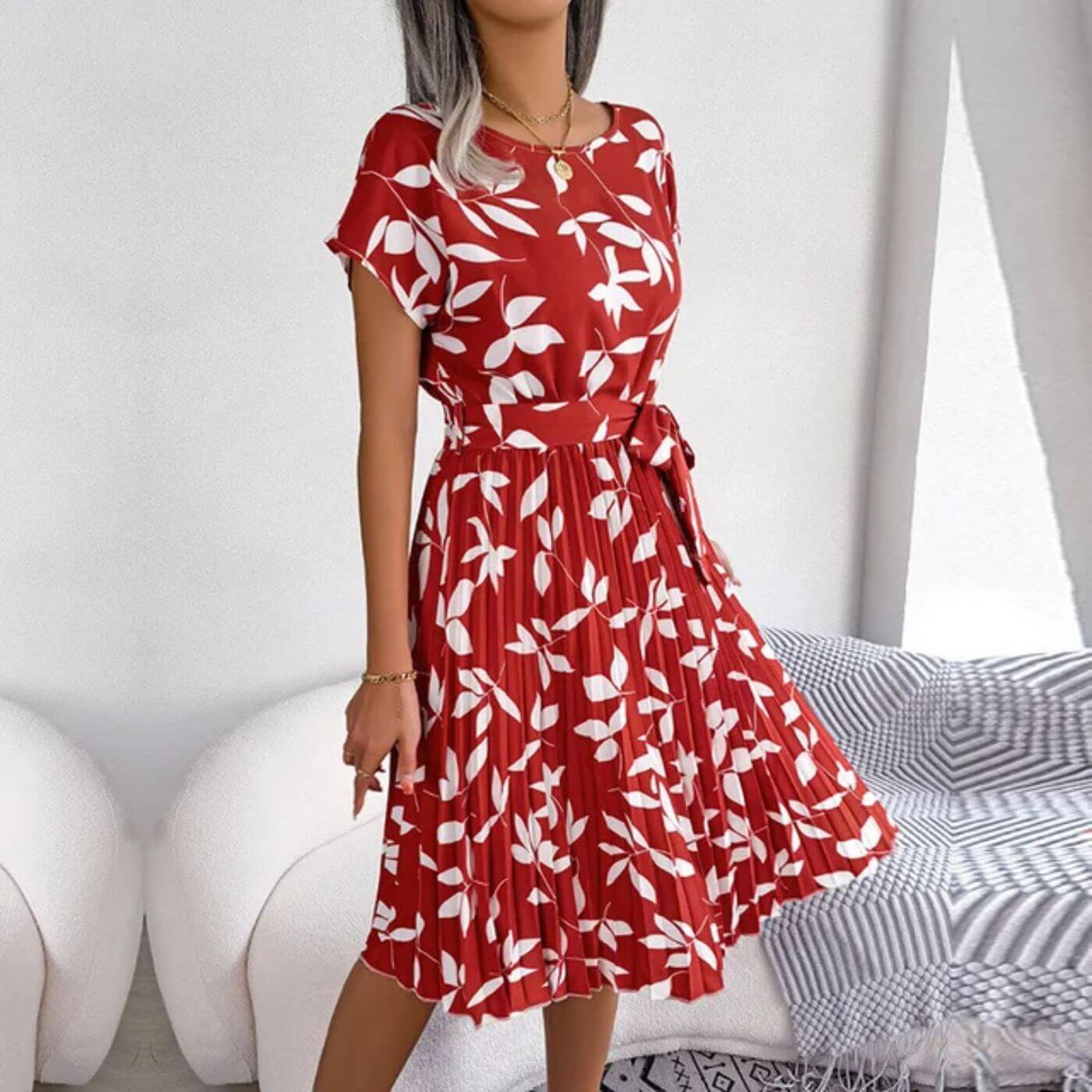 Jacinta women's short sleeve midi dress in red leaf print, front view on model