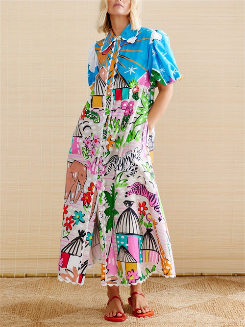 Marjolaine short sleeve printed shirt maxi dress in multicolor, front view