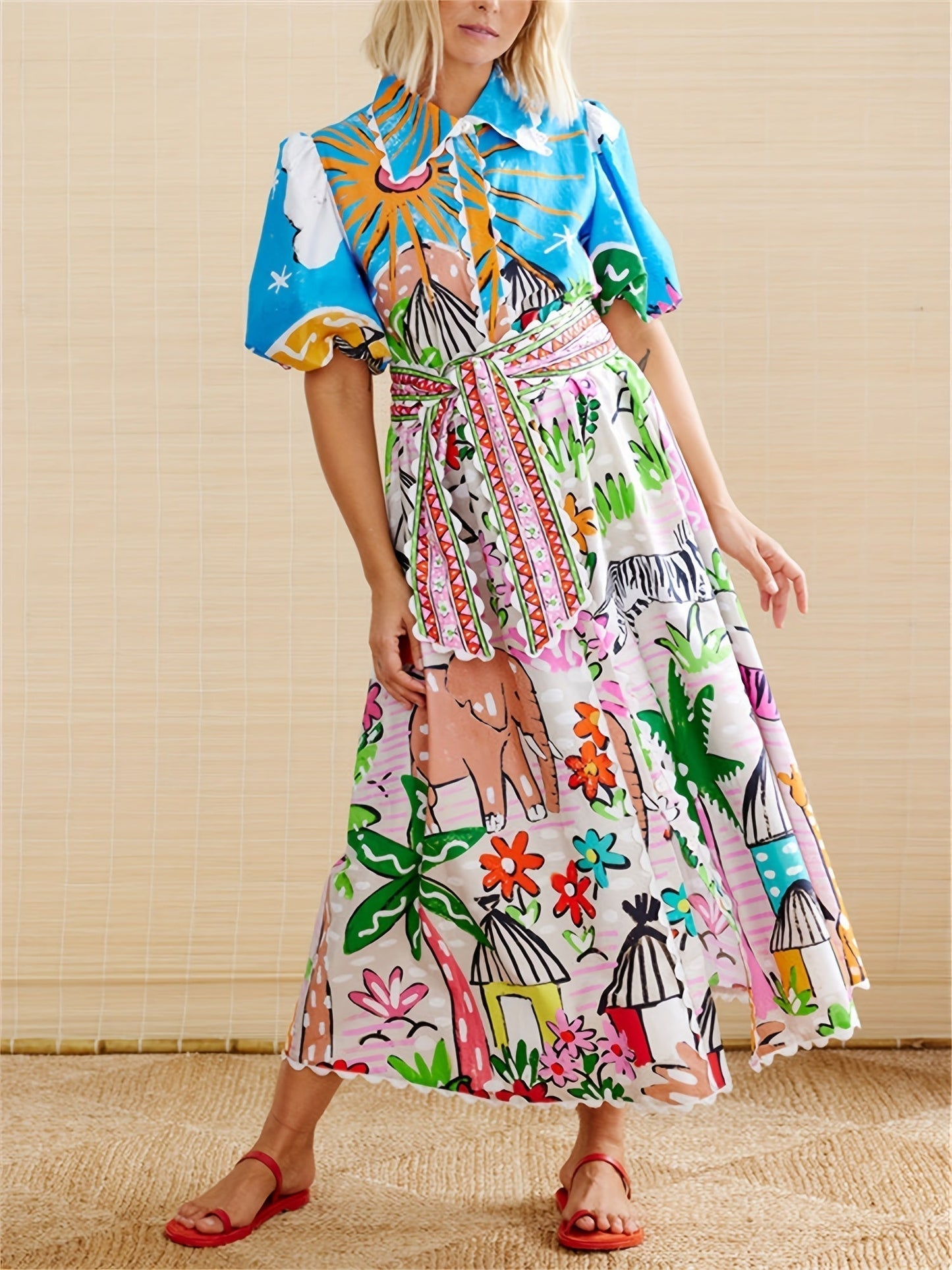 Marjolaine multicolor shirt maxi dress styled with its matching tie belt