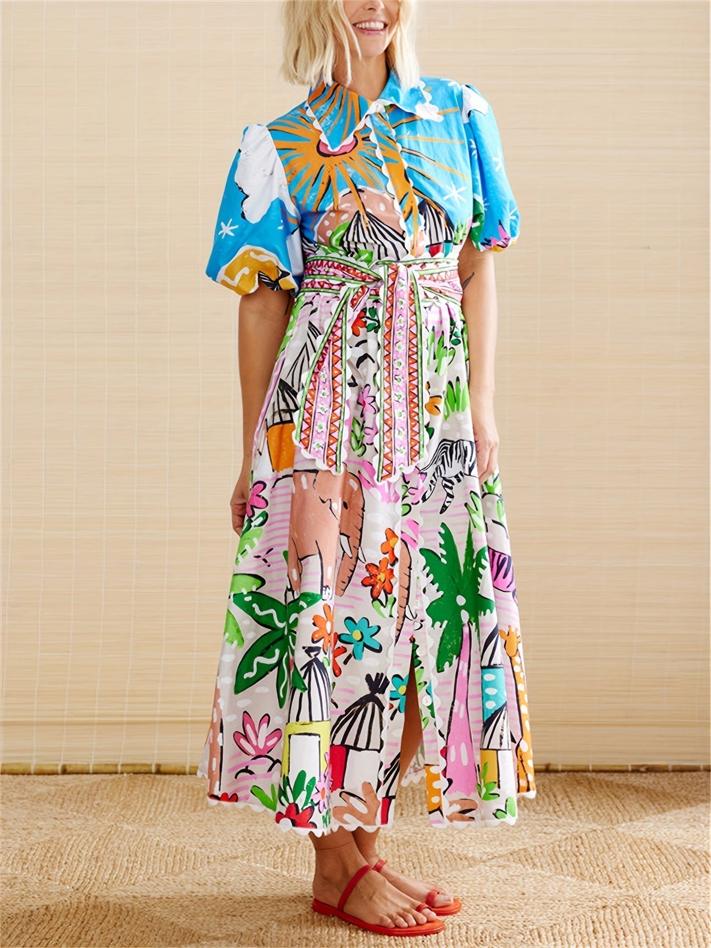 Front view of the Marjolaine printed shirt maxi dress with belted waist