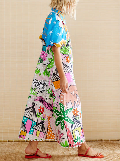 Side view of the multicolor Marjolaine short sleeve printed shirt dress