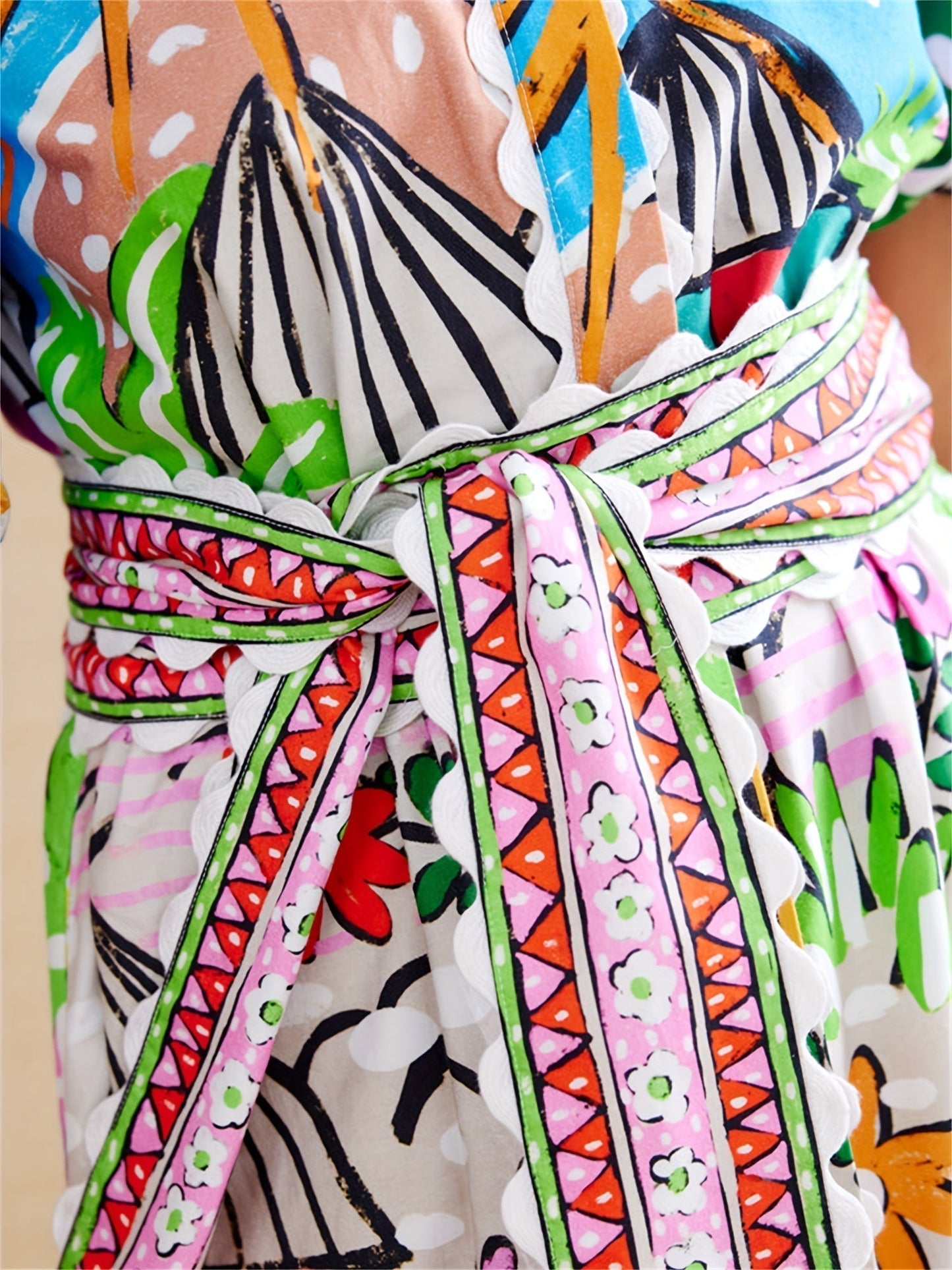 Detail of the knotted printed belt on the Marjolaine shirt maxi dress