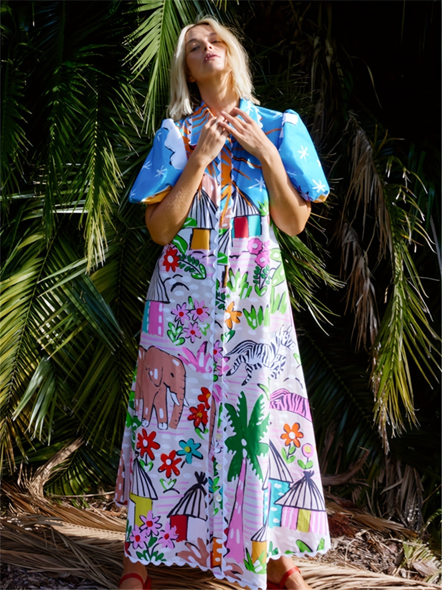 Marjolaine multicolor printed shirt maxi dress worn outdoors, front view
