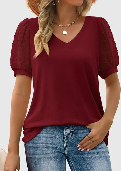 Burgundy red Nerissa women's short sleeve V-neck blouse with dotted mesh sleeves